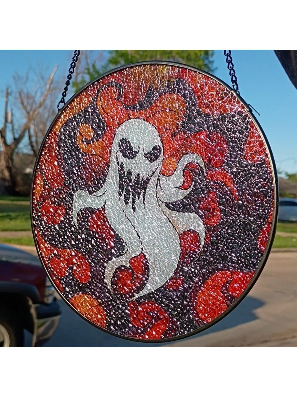 2/$20 Halloween Ghost Stained Glass-Style Hanging Wall Art, Orange - Picture 5 of 6
